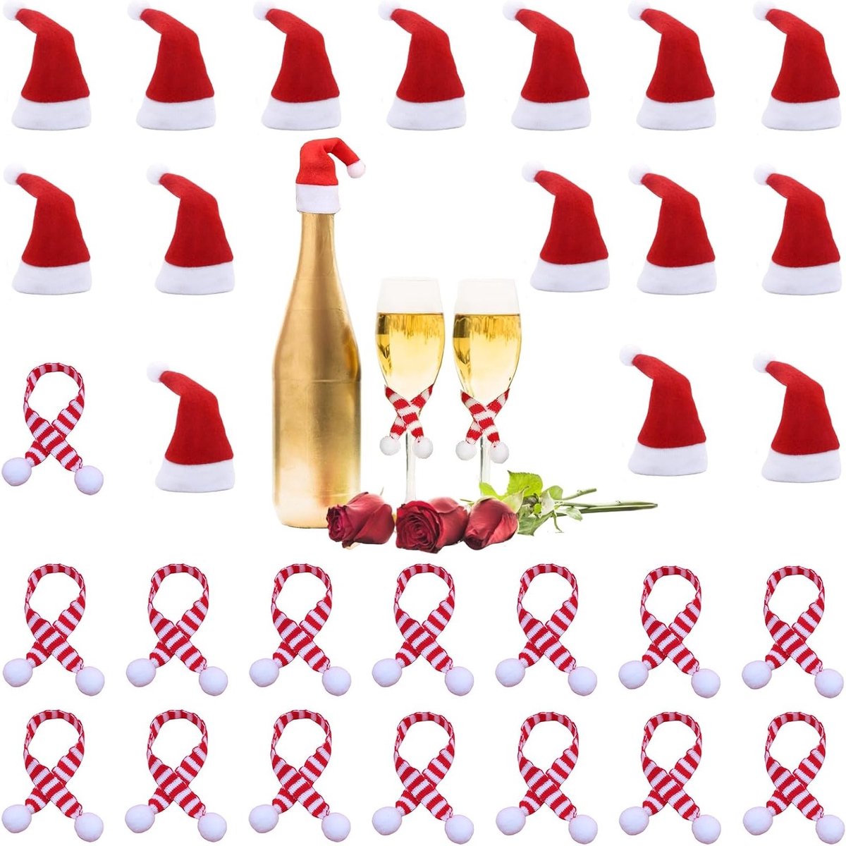 Set van 30 mini kersthoedjes en kleine kerstschalen voor tafelversiering, feestdecoratie, kerstsfeer, Santa hoedjes, kerstaccessoires
