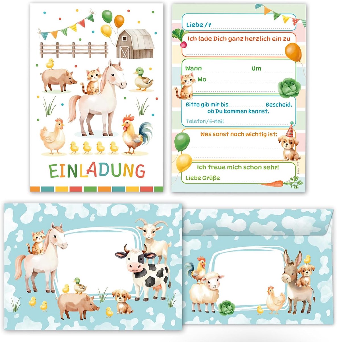 SnelShoppen - 8 Kinderuitnodigingen met Enveloppen - Kleurrijke Boerderij Thema - Perfect voor Verjaardagsfeestjes van Jongens en Meisjes - 10.5x14.8
