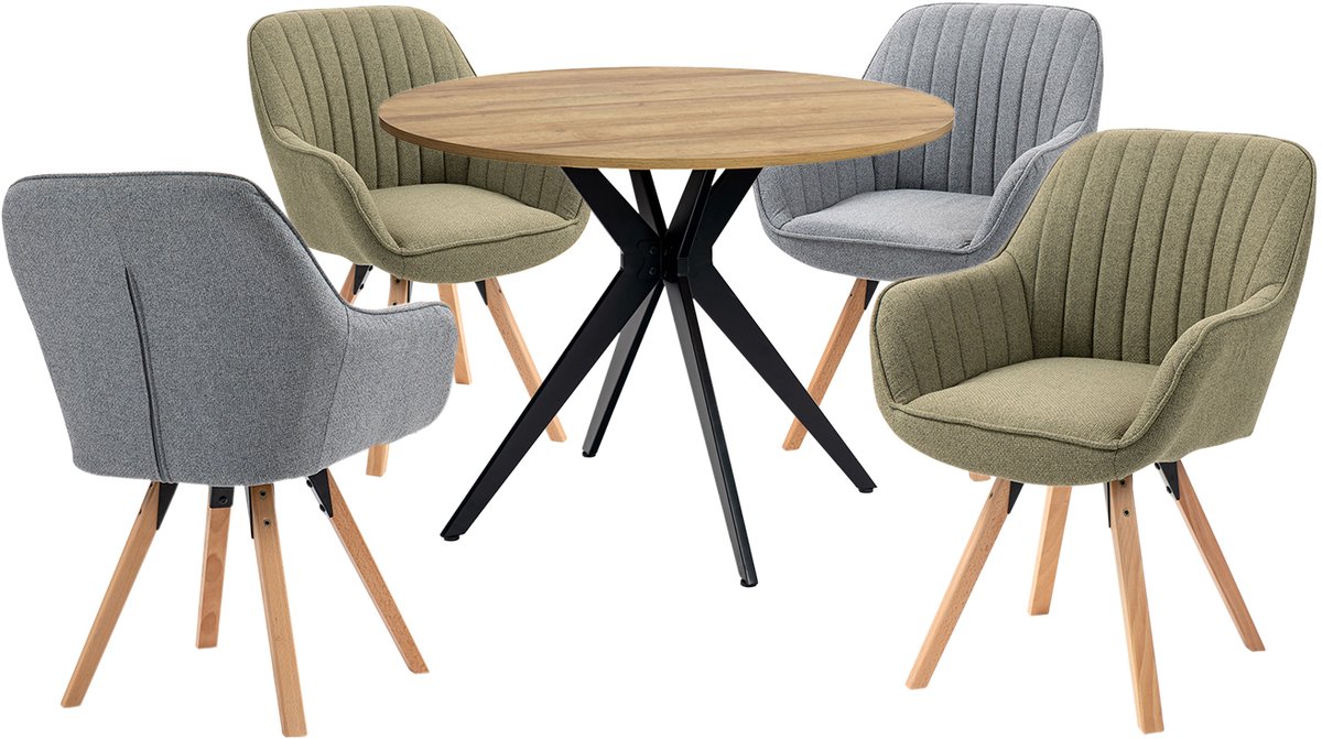 Eethoek - Ronde Eikenlook Tafel En 4 Houten Draaistoelen - Grijs/Groen