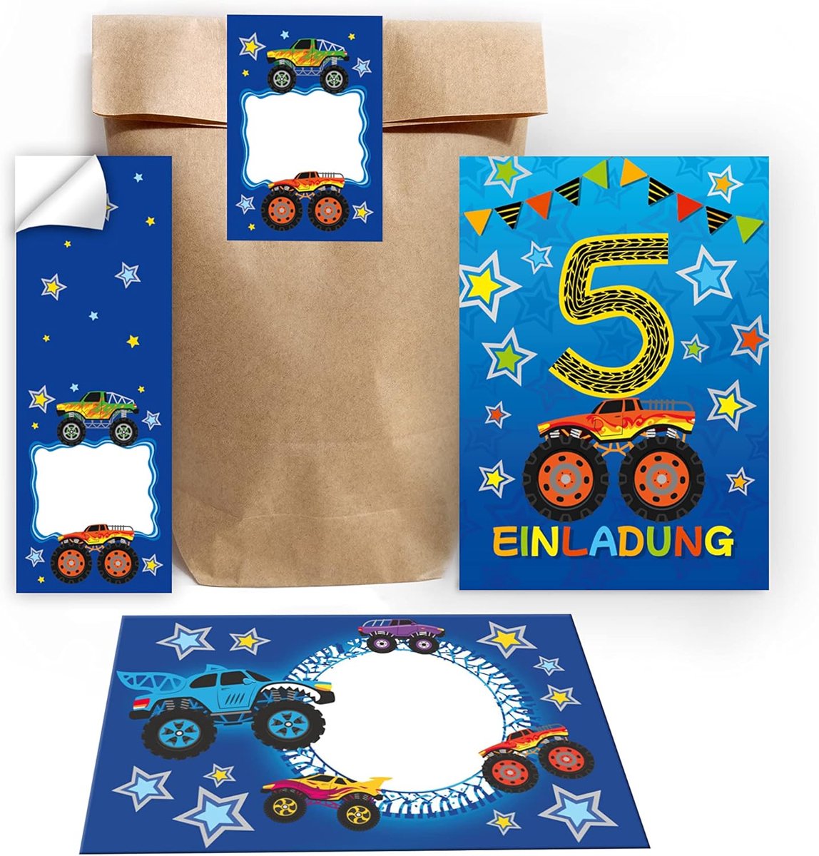 SnelShoppen - 12 Uitnodigingskaarten 5e Verjaardag Jongens Monster Truck Auto's inclusief 12 Enveloppen, 12 Giftbags en 12 Stickers voor Kinderfeestje
