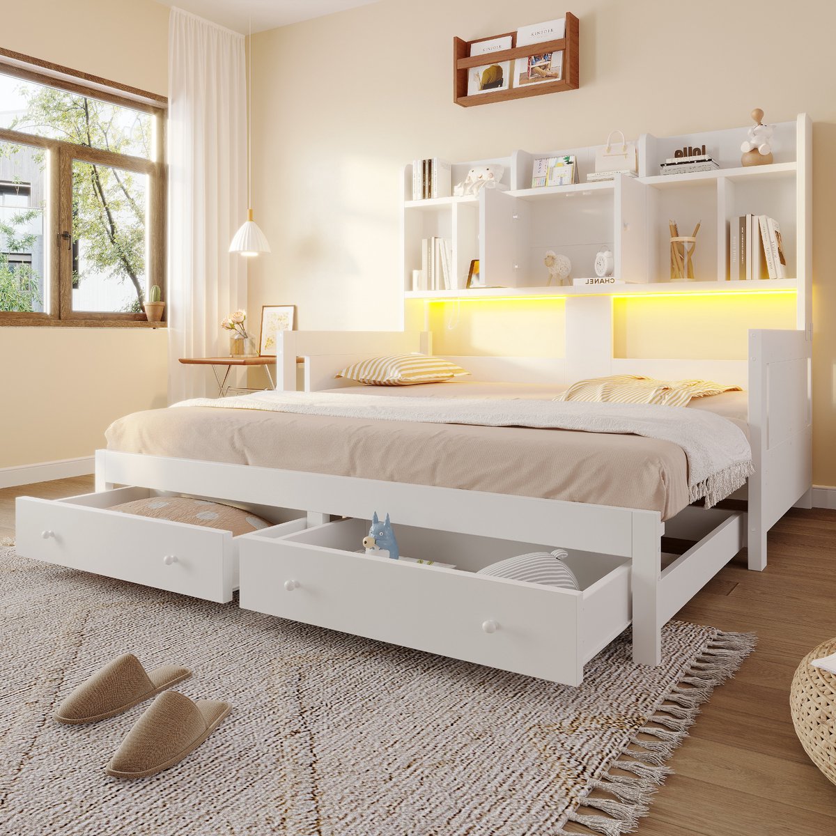Kinderbed 90 X 200 cm, Multifunctionele Uitschuifbare Houten Slaapbank Met Lades, Eenpersoonsbed, Multifunctioneel Bed, Planken, Kastjes En Open Vakken, Voorzien Van Stopcontacten En Ledverlichting, Logeerbed,Wit