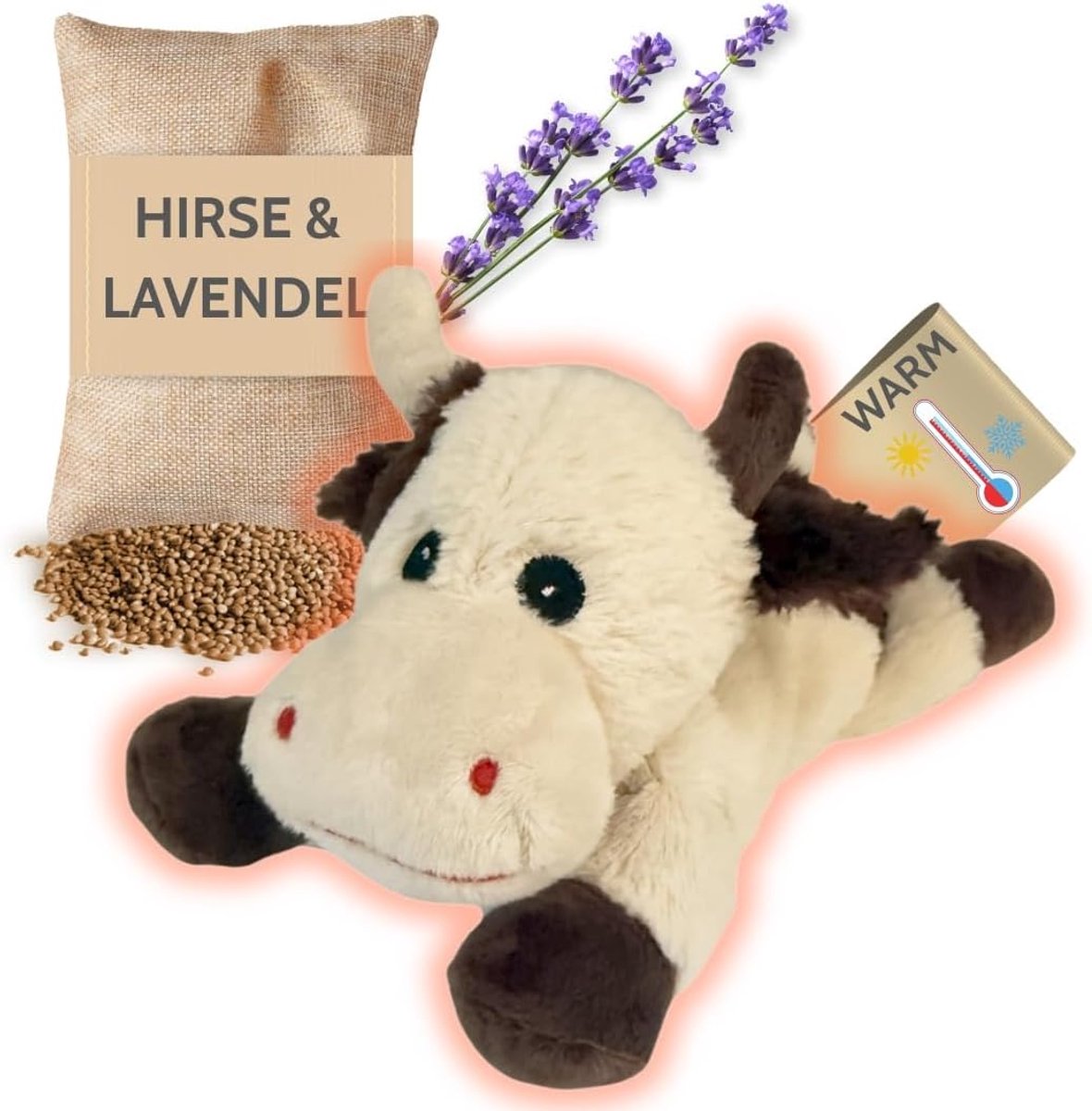 SnelShoppen - Premium MIDI Deluxe Warmtekussen Knuffeldier voor Baby's en Kinderen - Mini Koe 25 cm - Natuurlijke Gierstkorrelvulling met Lavendel - M