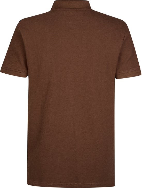 Bruin katoenen poloshirt met korte mouwen, achterkant.