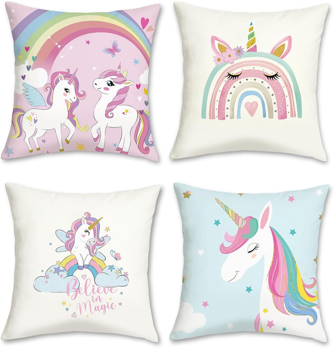 SnelShoppen - Set van 4 Unicorn Kussenhoezen 45x45 cm Roze Blauw Regenboog Decoratieve Sierkussens voor Meisjes Kinderkamer Decoratie