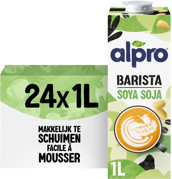 Doos met 24x1L Alpro Barista Soya pakken. De tekst zegt 'MAKKELIJK TE SCHUIMEN' (facile à mousser).