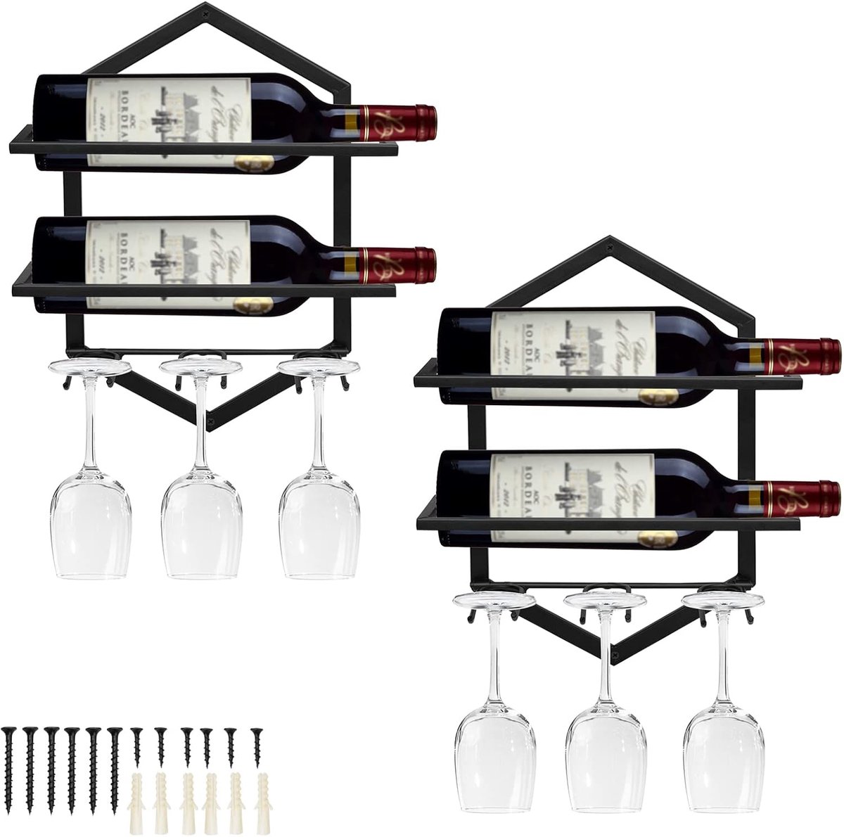 SnelShoppen - Metal Wall Mounted Wine Holder - Wandhouder voor 2 Flessen en 3-6 Glazen - Zwarte Wijnrek voor Thuis Keuken Bar Decoratie - Stijlvol en