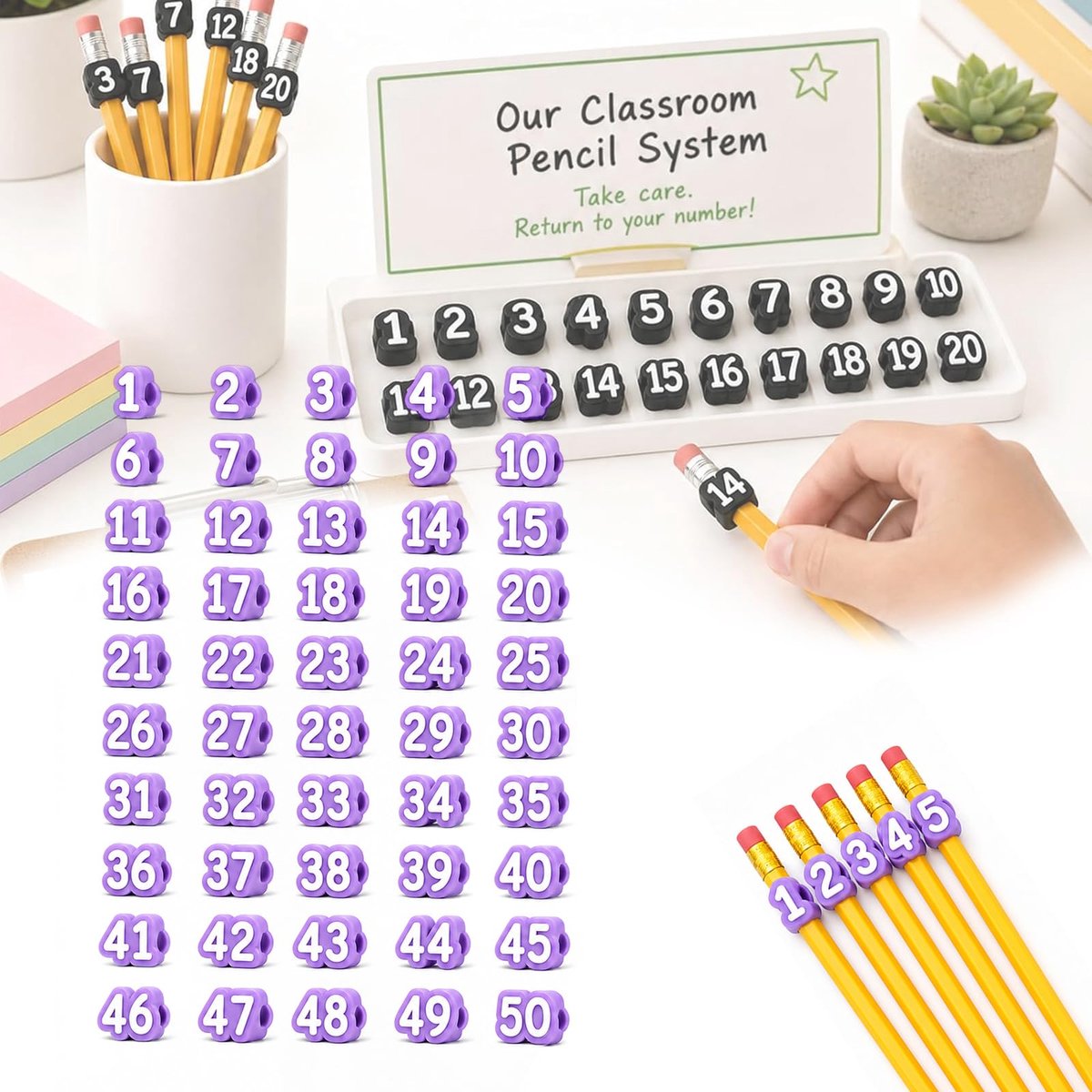 Namajunas - Genummerde potlooddop - Verpakking van 50 stuks - Paars, nummers 1 tot en met 50 - Herbruikbare potloodlabels - voor klassikale organisatie en het bijhouden van schoolspullen - School benodigdheden - Klaslokaal hulpmiddelen