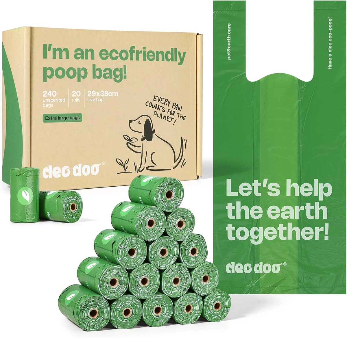 SnelShoppen - Dog Poop Bags met Handvat, 20 Rollen, 240 Stuks, Grote Maat 29x37 cm, Gemaakt van Gerecycled Materiaal, Lekvrij en Sterk