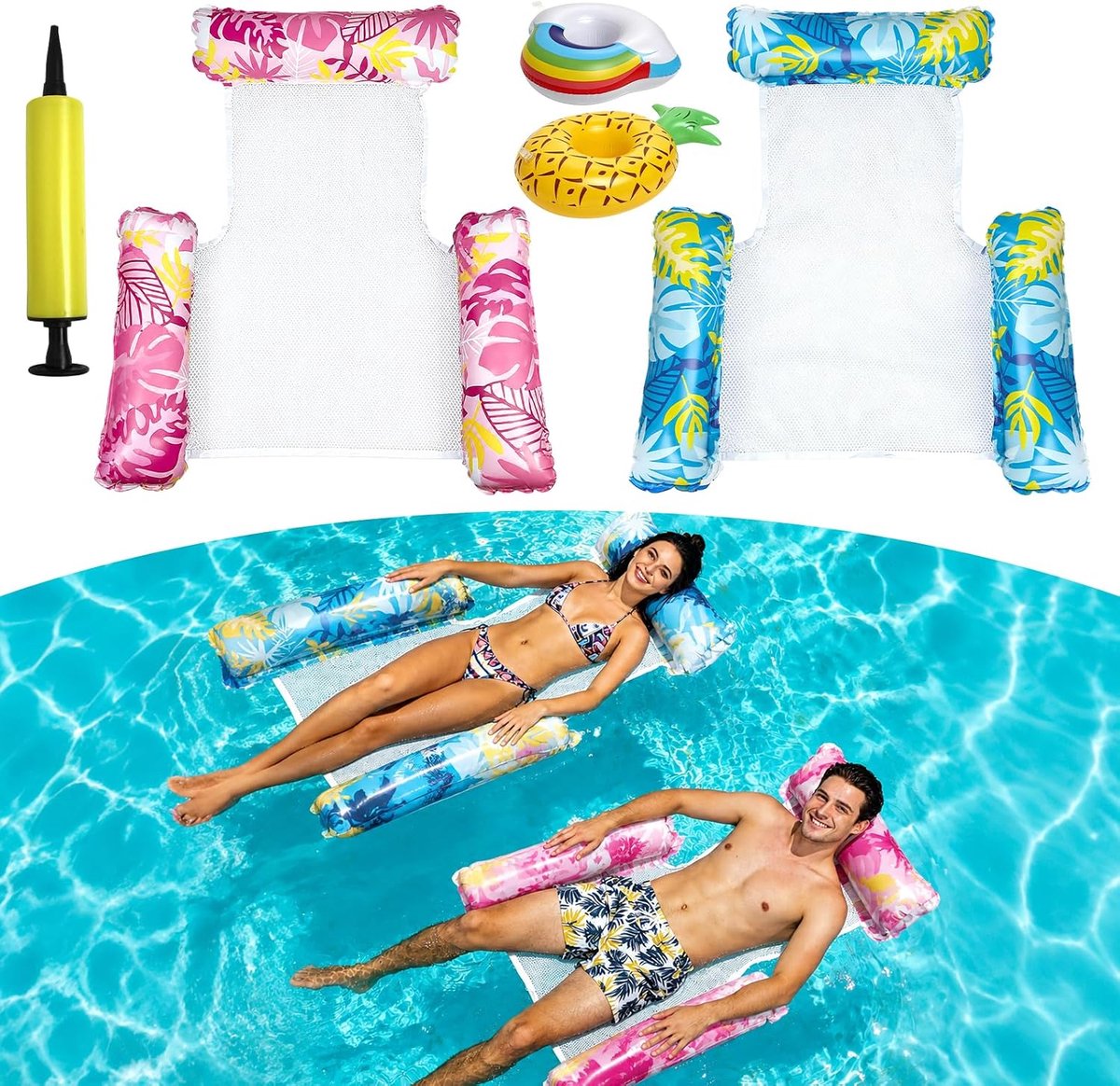 SnelShoppen - 2 Stuks Luchtmatras - Opblaasbare Waterhangmat met Net - Inclusief Luchtpomp en 2 Bekerhouders - Ergonomische Zwemstoel en Waterligstoel