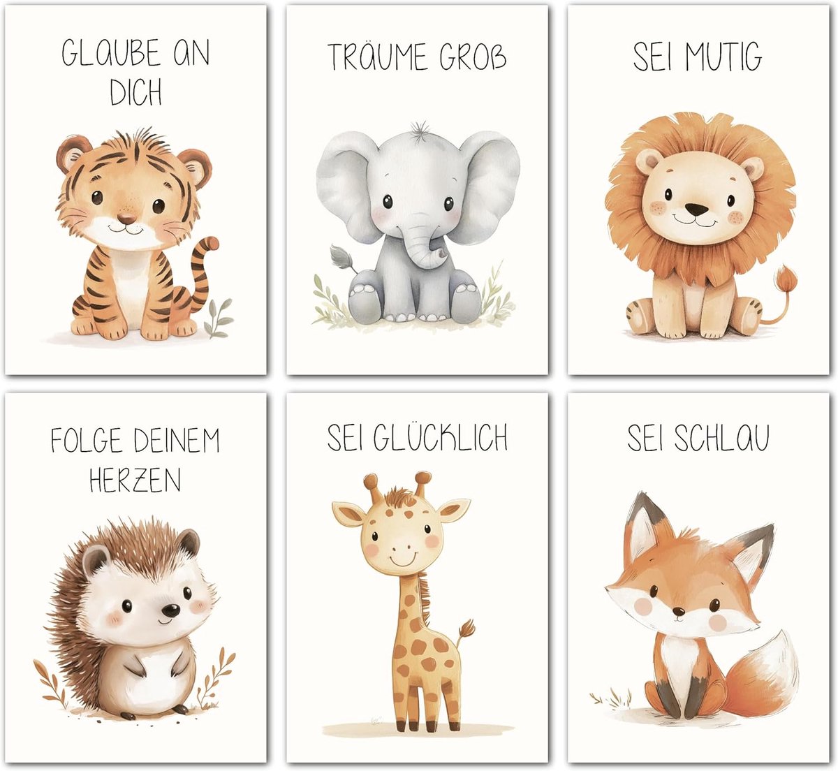 SnelShoppen - LAVEMA Kinderposters Set - Dieren Posters voor Kinderkamer - A4 Formaat 21x30 cm - Wanddecoratie Babykamer - Neutralen Kleuren - Grijs e