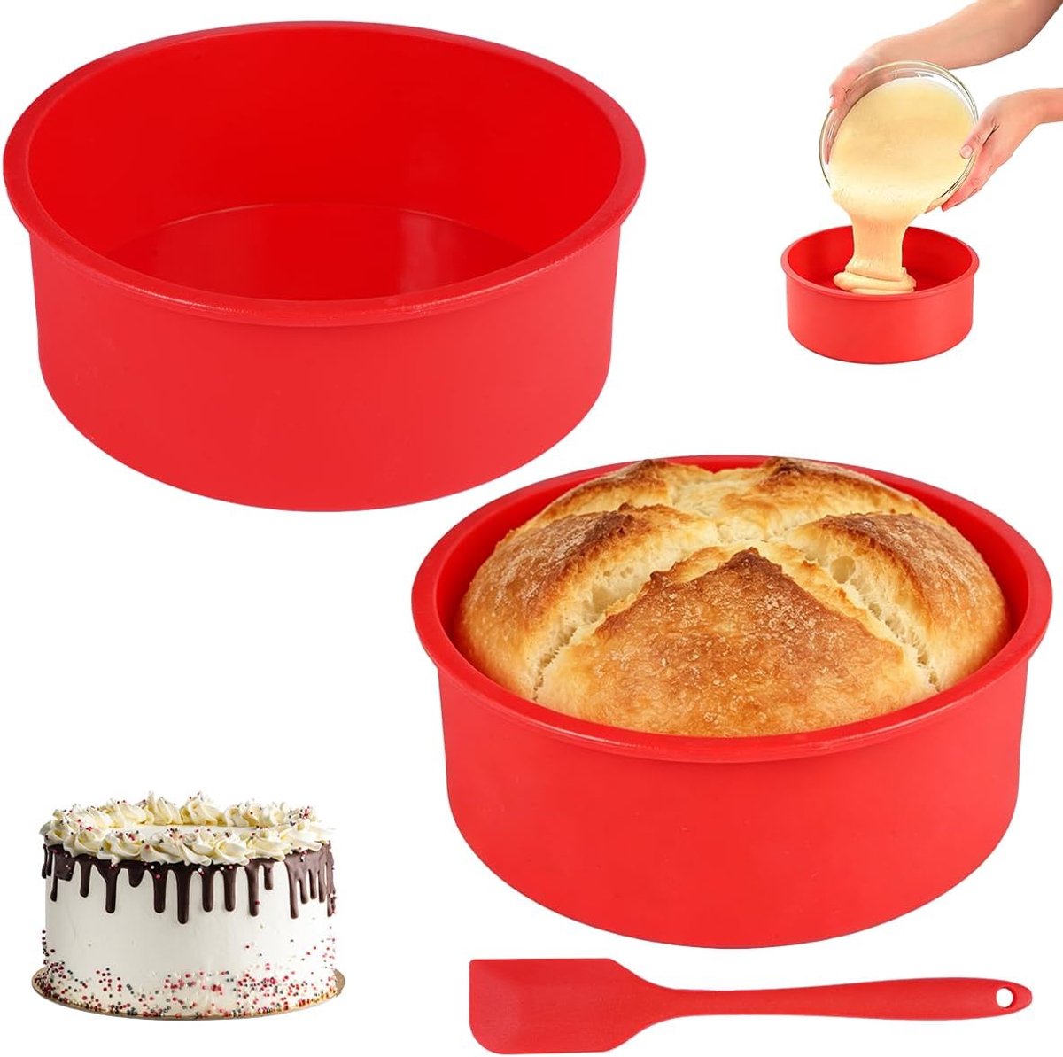 SnelShoppen - 2Pcs 15cm Silicone Cake Mold Rond Rood, 6 Inch Reusable Bakvorm voor Taart, Brood, Non-Stick, Hittebestendig, Vaatwasserbestendig - Perf