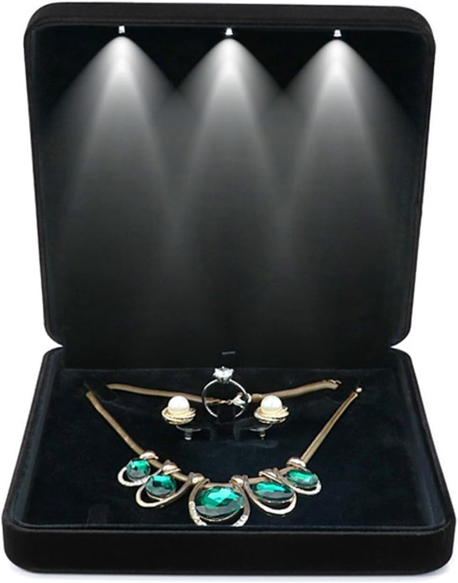 SnelShoppen - Velvet Sieraad Box met LED Licht - Sieraden Organizer voor Oorbellen, Ringen, Armbanden en Kettingen - Zachte Pluche Juweel Box voor Vro