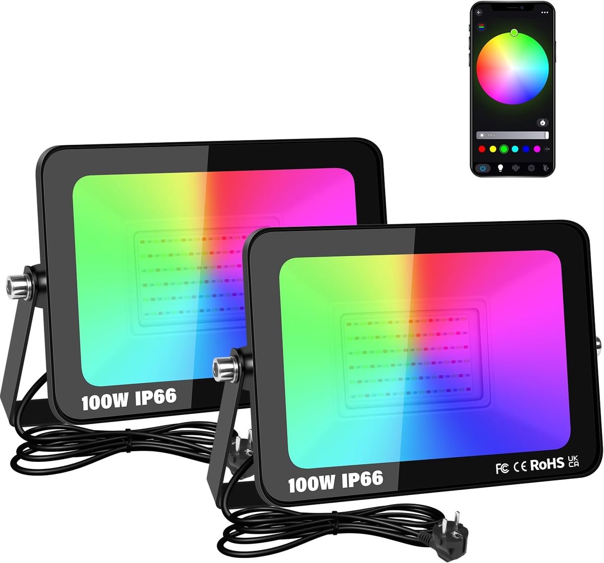 SnelShoppen - 2x 100W Smart Outdoor RGB LED Flood Light met Stekker, APP Afstandsbediening, Dimbare Kleuren voor Tuin, Binnenplaats, Landschap, Feestd