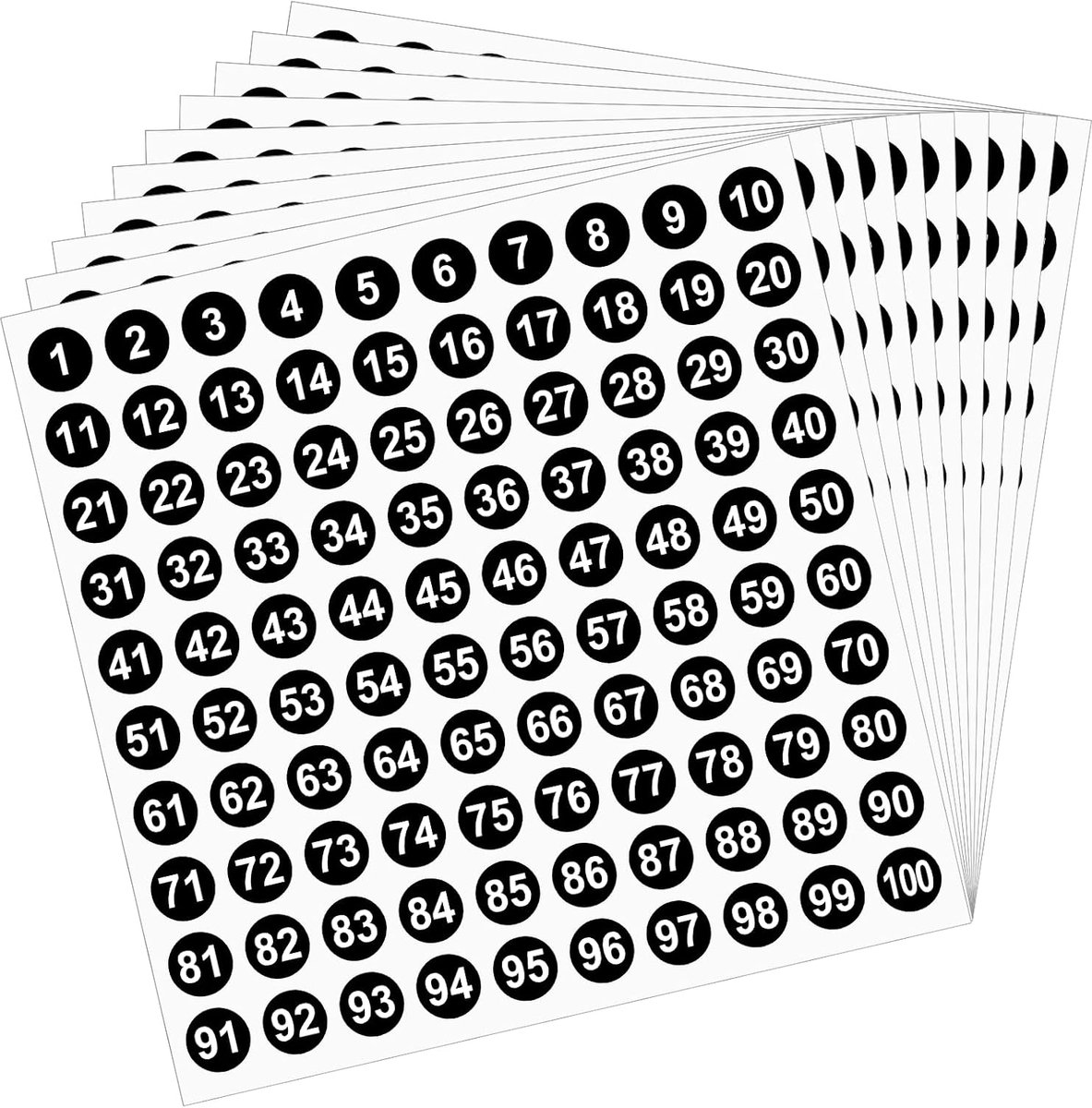 SnelShoppen - 10 Vel Zelfklevende Nummer Stickers 0-100, Zwarte Ronde Cijfers 10 mm, Duurzame Stickers voor Kantoor, Kasten, Indeling, Weerbestendige