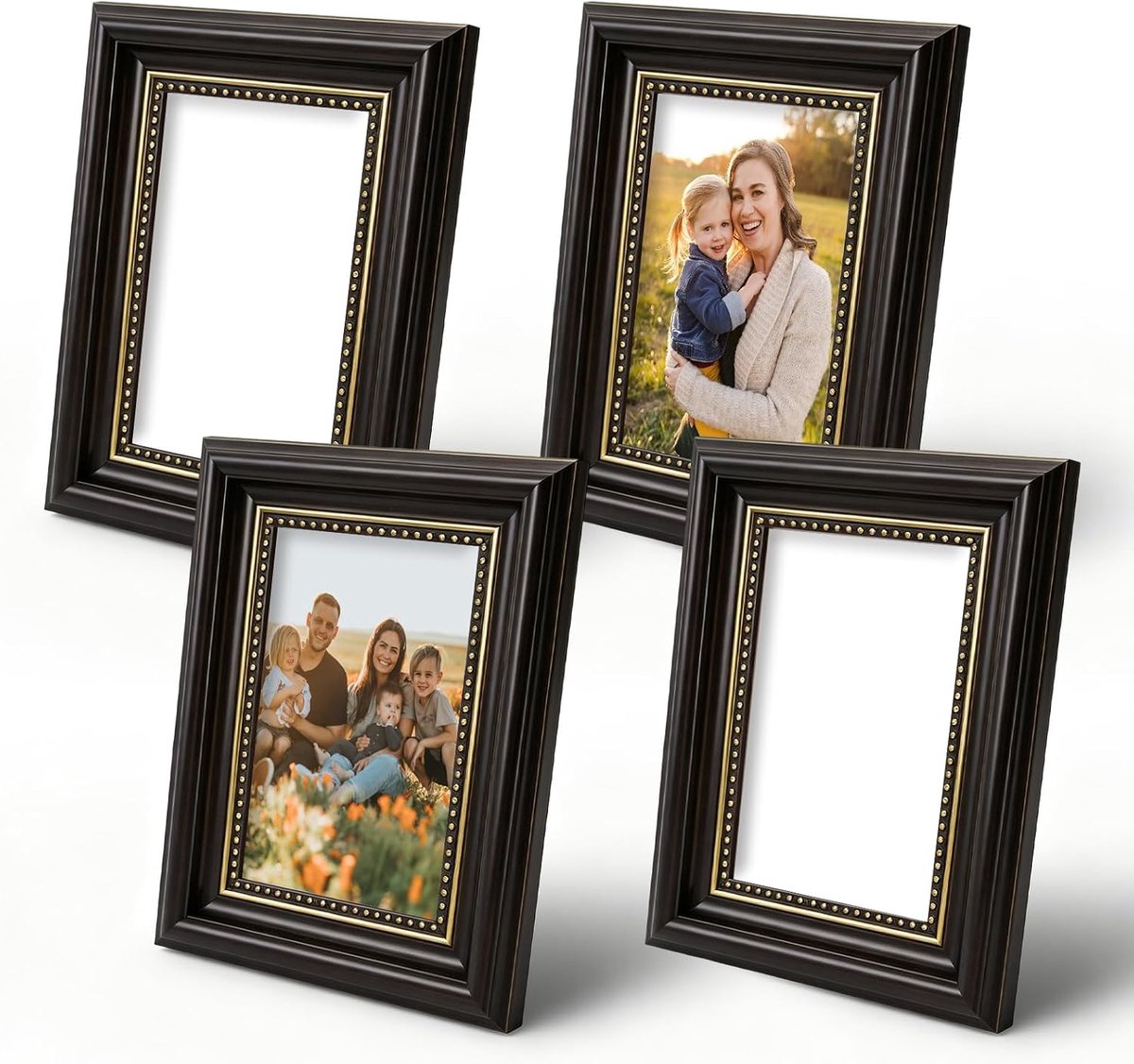 SnelShoppen - Vintage Fotolijsten Set van 4, Retro Fotolijst voor Wanddecoratie en Neerzetten, 10x15 cm Zwart, Voor Woonkamer, Slaapkamer, Kantoor