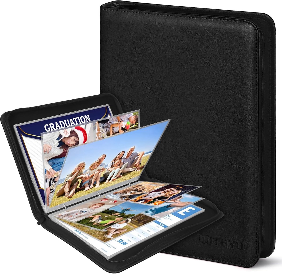 SnelShoppen - A4 Fotoalbum PU Leer Portfolio met Verwisselbare Fotohoezen – 30 Pagina's (Drie Compartimenten, Dubbelzijdig Gebruik) – Waterdichte Zipp