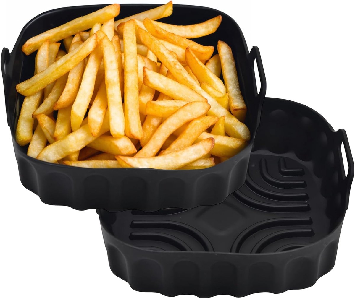 SnelShoppen - 2x Zwarte Silicone Bakvorm 21,5x21,5x5 cm voor Air Fryer met Handvat, Herbruikbare Mould voor Bakken, Grillen en Frituren in Keuken en T