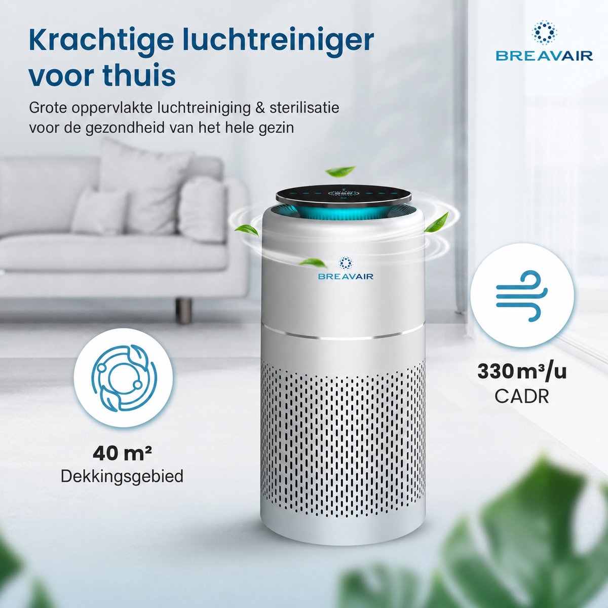 Luchtreiniger / Air Purifier – HEPA H13 – Koolstoffilter – Filtert tot 99,97% van fijne deeltjes – CADR 330 m³/u – Tot 40 m² – Tegen Pollen, Stof, Rook & Geuren – Bij Allergieën & Hooikoorts – WiFi/App thumbnail 4