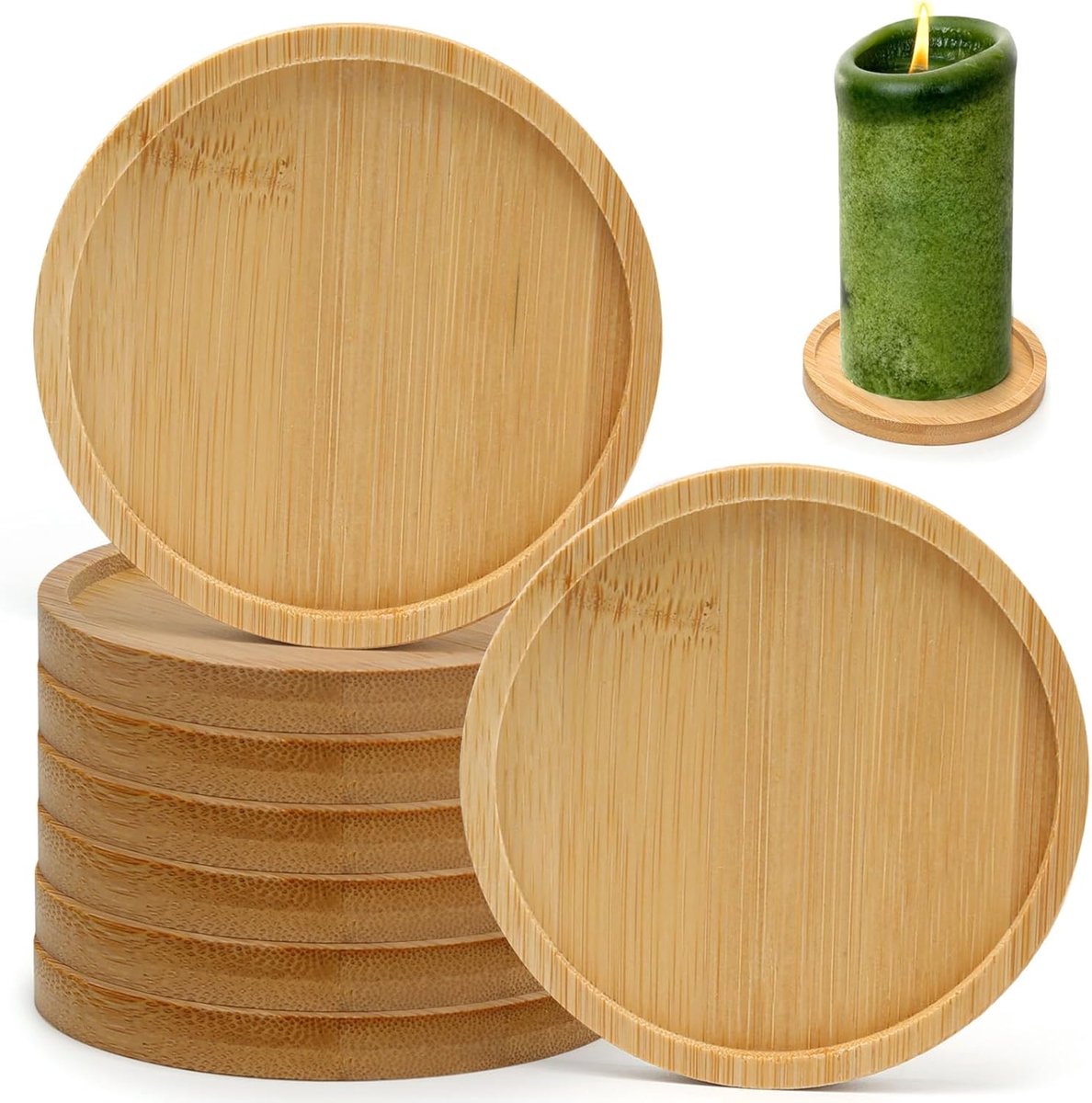 SnelShoppen - 8 stuks bamboe kaarsenborden, ronde kaarsenonderzetters 9,5 cm voor stompkaarsen, doopkaarsen en bruiloftskaarsen, decoratieve borden vo