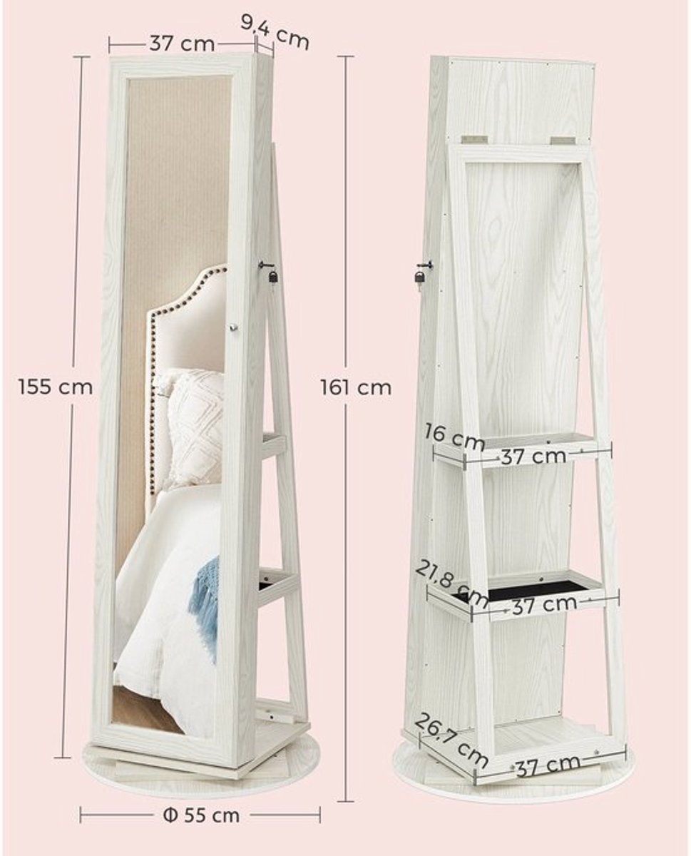 Sieradenkast – Sieradenopberger – Spiegelkast – Draaibaar – Slot – 360° Draaibaar – Volled