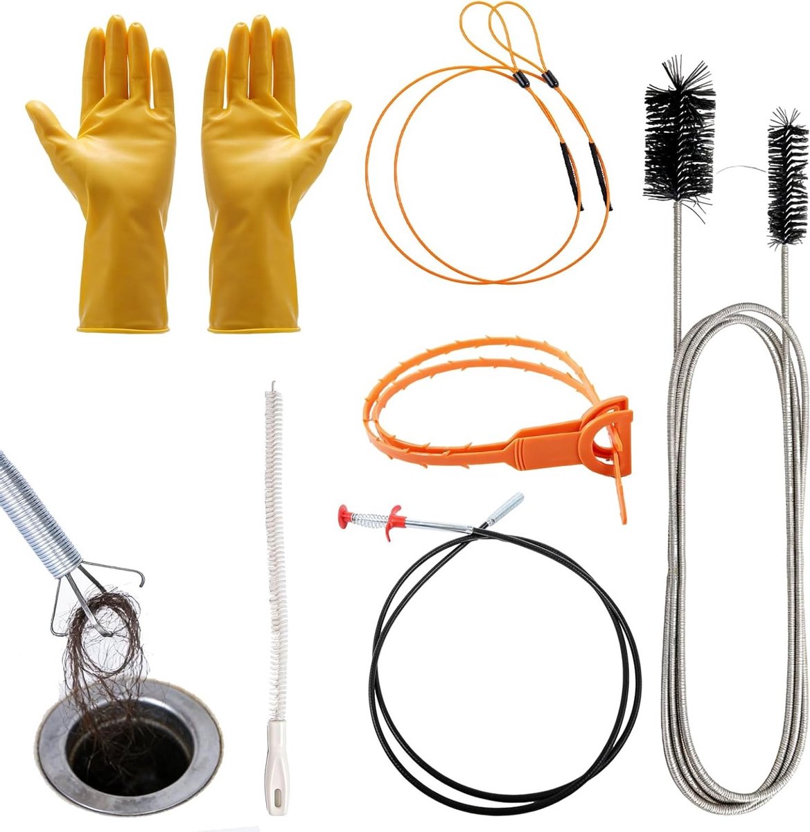 Set van 8 spiraal afvoerreinigers, 2 m lange buisreinigers voor effectieve afvoerreiniging, roestvrijstalen en dubbele kop voor keuken en douche