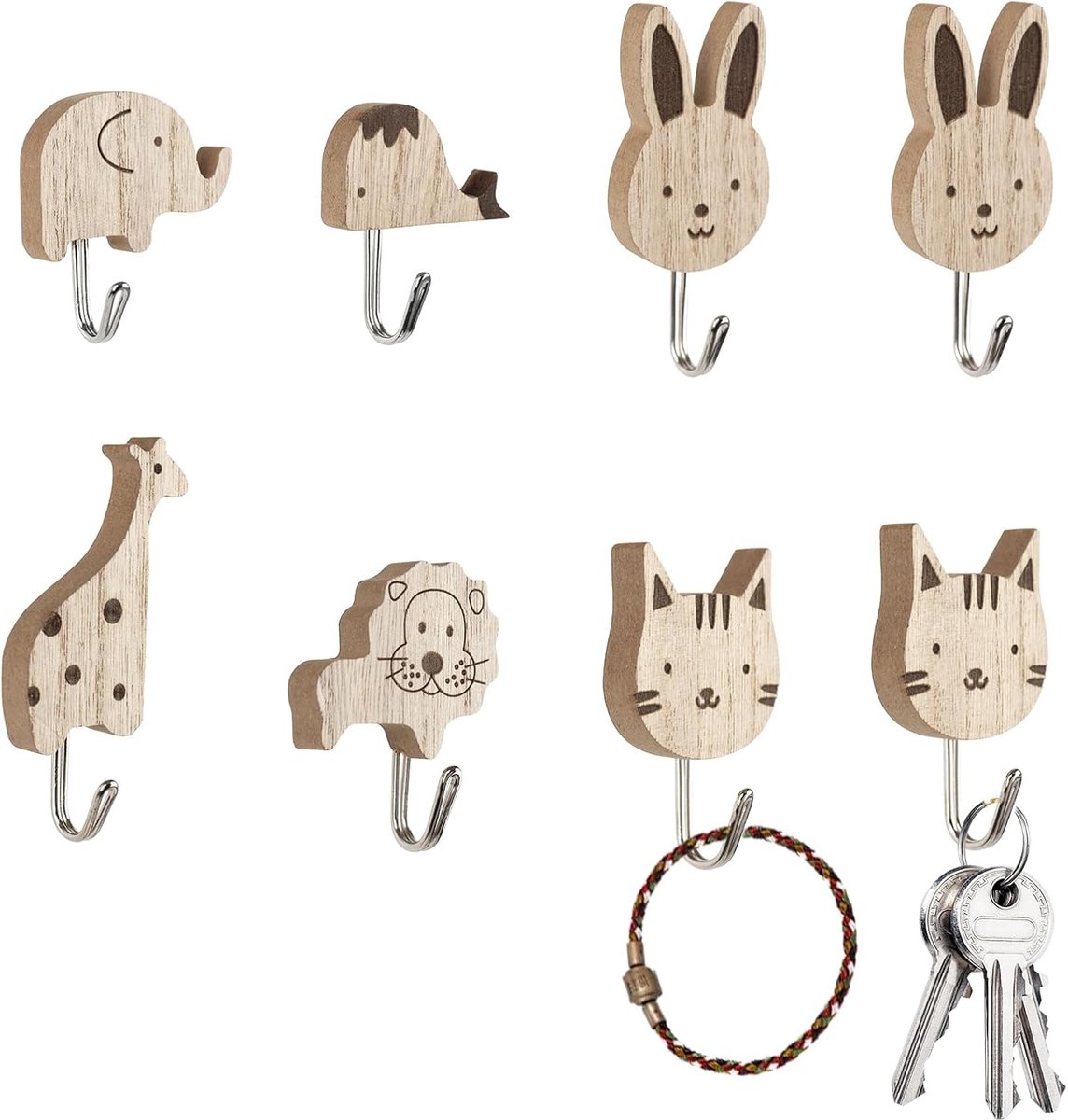 SnelShoppen - Set van 8 Zelfklevende Houten Kledinghaken - Schattige Dieren Ontwerpen voor Kinderkamer, Badkamer en Keuken - Natuurlijke Houten Haakje