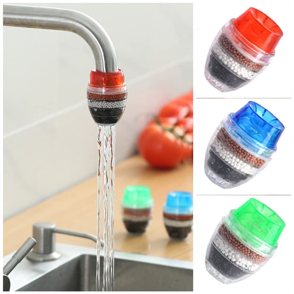 SnelShoppen - Set van 3 Tapwaterfilters - Waterzuiveraar met 5 Laags Actieve Koolstof - Verwijdert Chloor, Fluor en Hard Water - Voor Keuken en Badkam