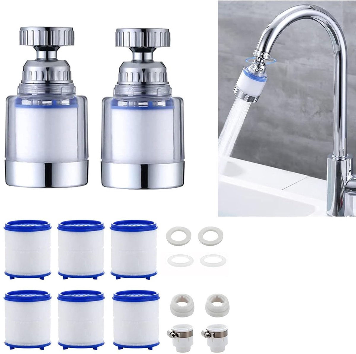 SnelShoppen - Water Filter 2 Stuks - Universeel Waterkraanfilter voor Drinkwater met 6 PP Katoen Filterelementen - Ideaal voor Keuken en Badkamer