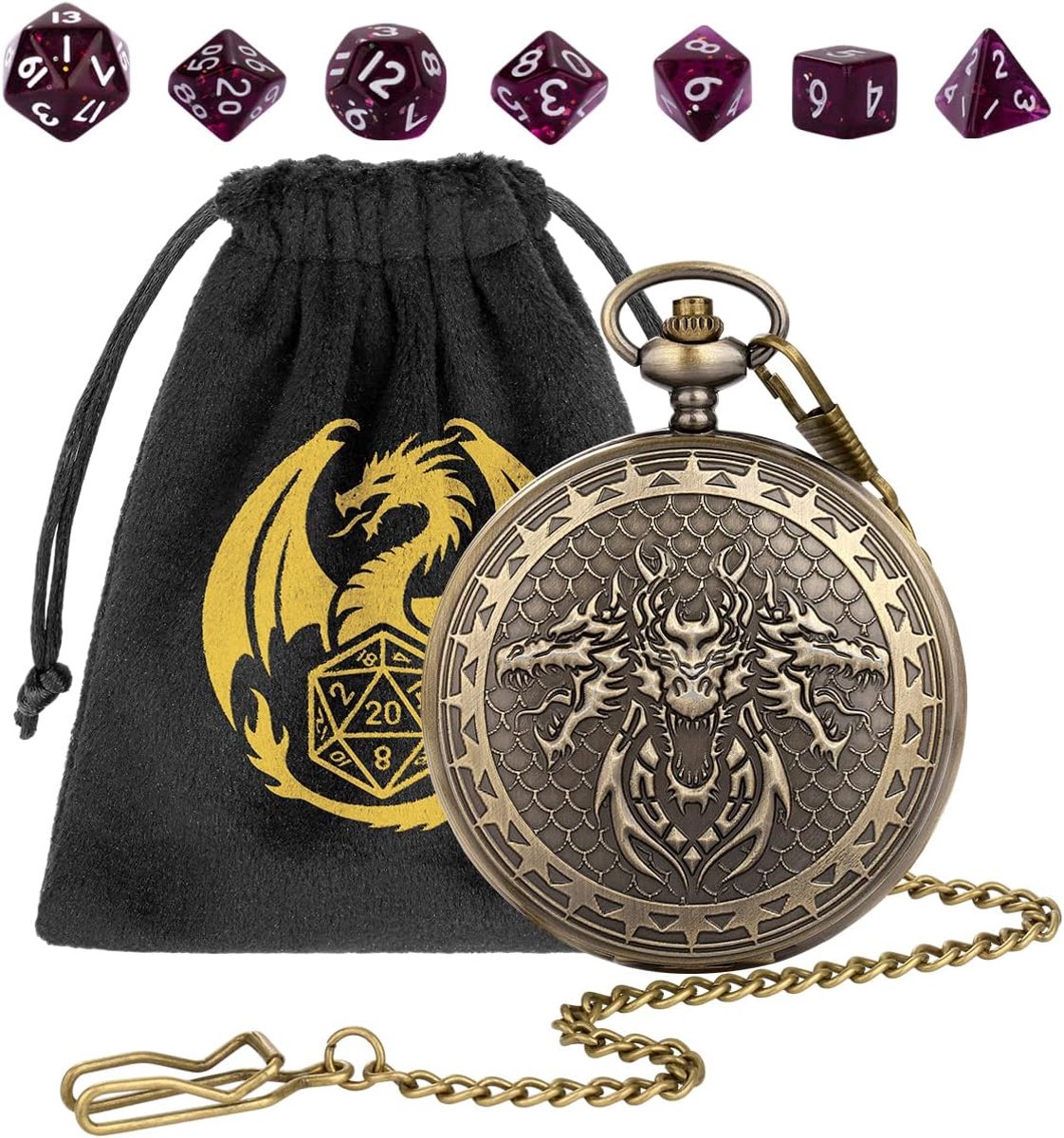 SnelShoppen - Grote DND Dobbelstenen Set, 7-delige Polyedrische Steampunk Dobbelstenen, Draak Zakhorloge Hoes, Perfect voor DND Spel en Rollenspellen