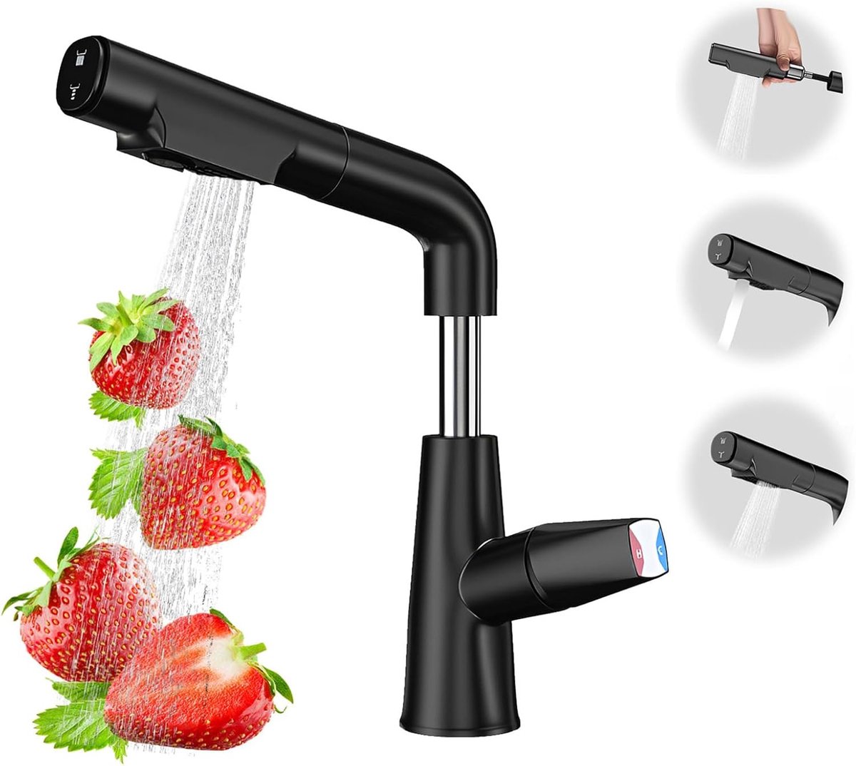 SnelShoppen - Zwarte Keukenkraan 360° Draaiend Hoge Druk Keukenmengkraan met 70 cm Uittrekbare Douche, Waterstralen, 15 cm Verstelbaar voor Keuken en