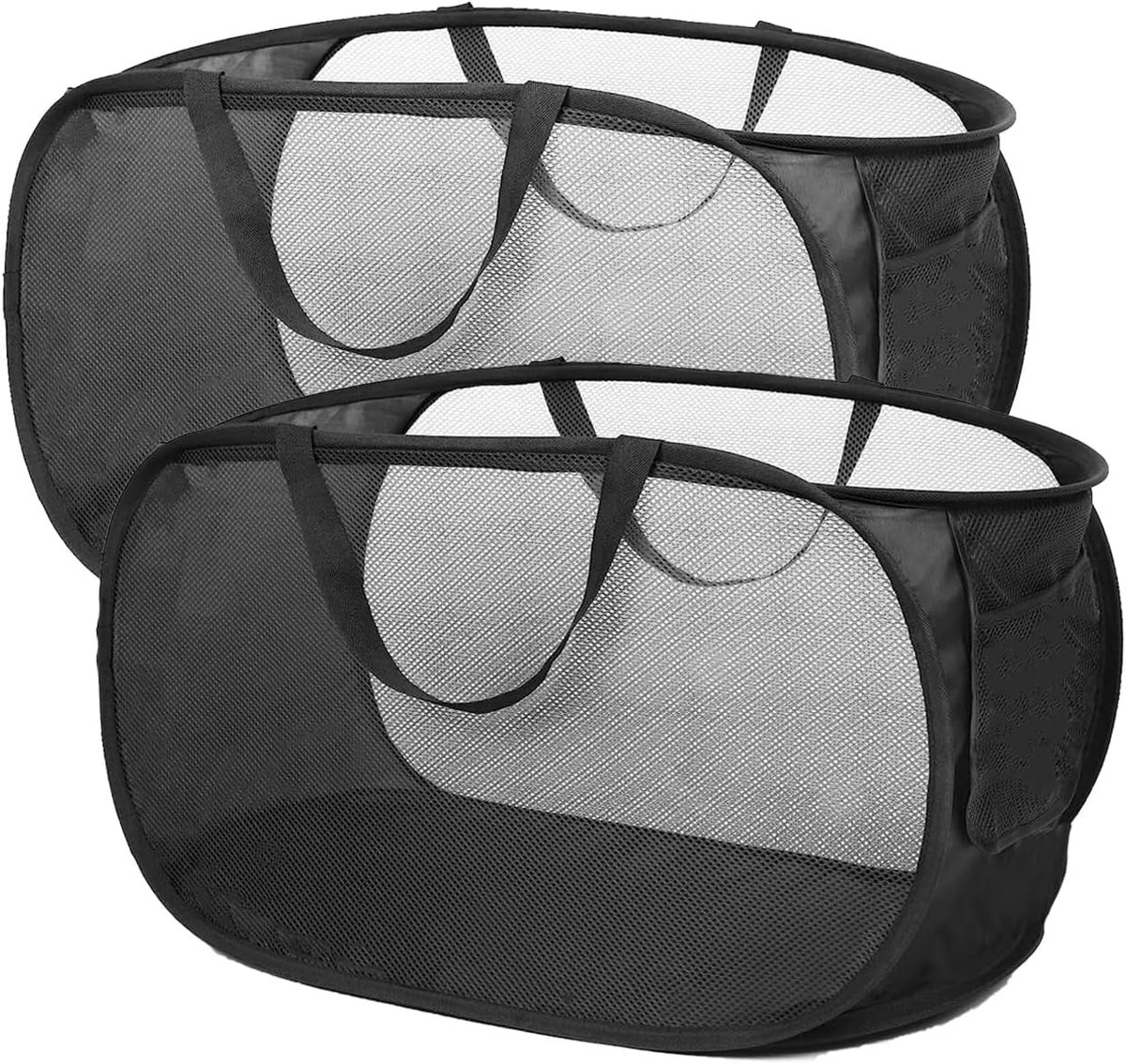 SnelShoppen - Vouwbare Wasmand Pop Up Design Met Zijvak Groot Voor Vuile Kleding Badkamer Kinderkamer Reis Kamperen 57x36x36cm Zwart Set van 2