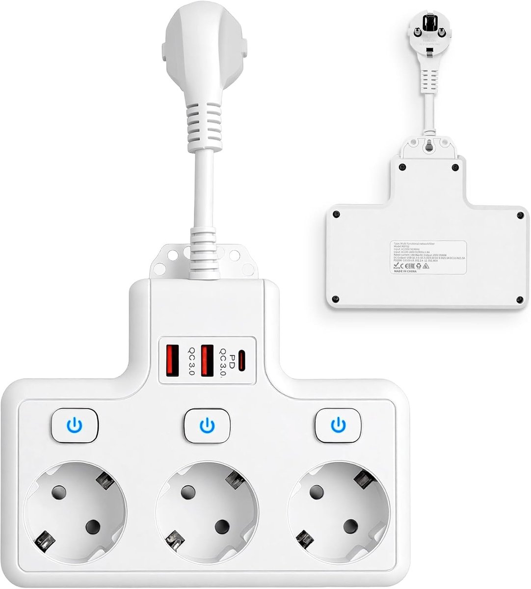 SnelShoppen - 3-way power outlet met 3 sockets, 2 USB en 1 USB-C poort, 16 A/3500 W, perfect voor thuis, tuin, camping en op kantoor