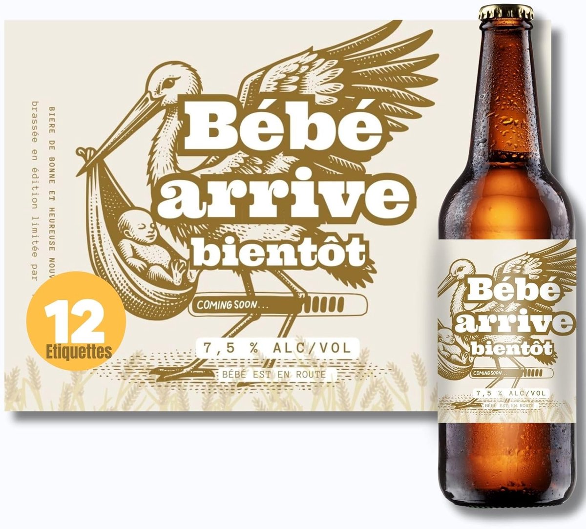 SnelShoppen - Set van 12 Bierstickers voor Zwangerschapsaankondiging - Baby Arrive Labels - Originele Cadeau voor Toekomstige Papa en Familie - Humori