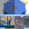 Blauw trampoline zonnescherm dat beschermt tegen zon en regen. Toont kind springend op trampoline en de vloer met bladeren voor en na schoonmaken.