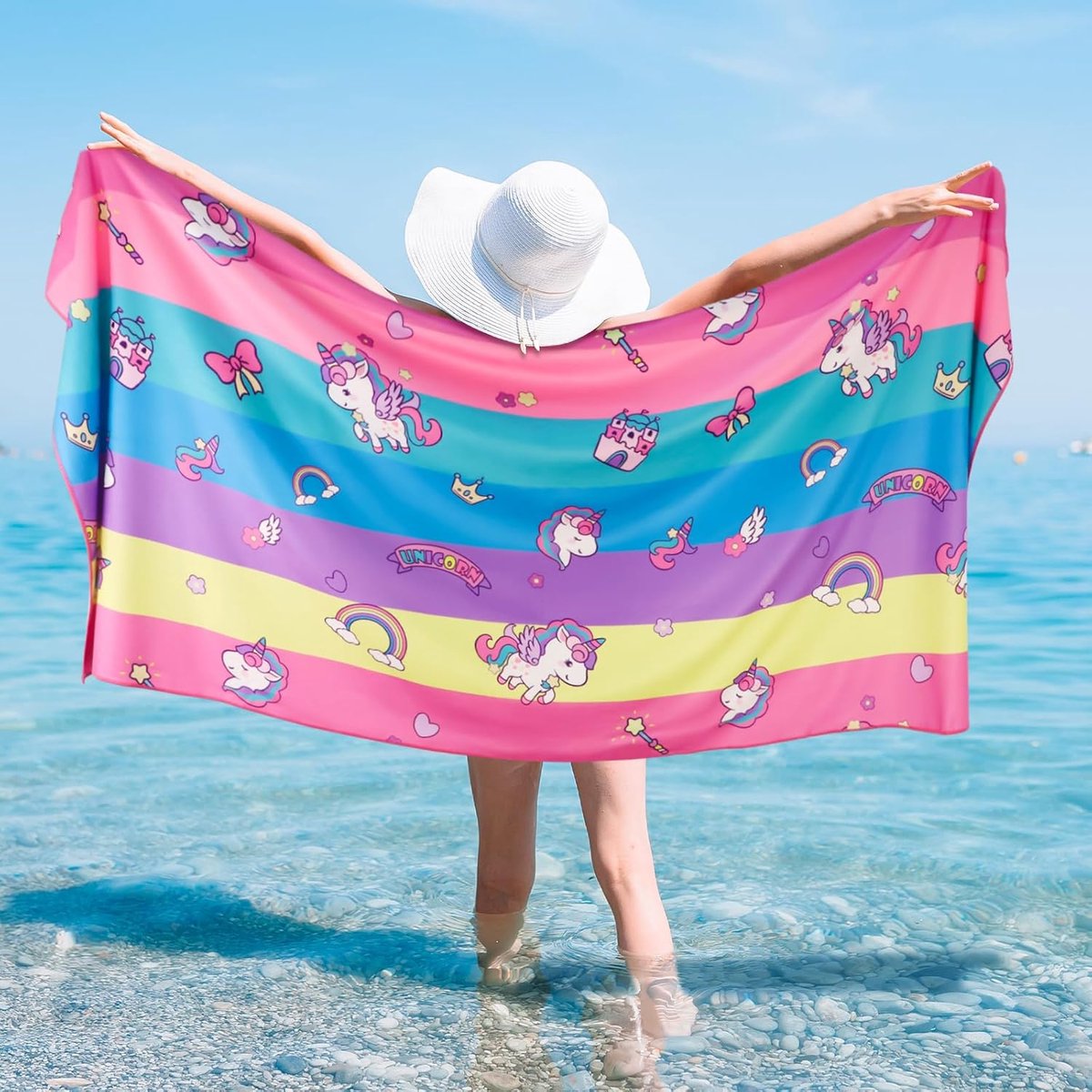 SnelShoppen - Microfibre Strandlaken Eenhoorn 75 x 150 cm, Grote Sneldrogende Strandhanddoek voor Kinderen, Zandbestendig, Absorberend, Zacht voor Str