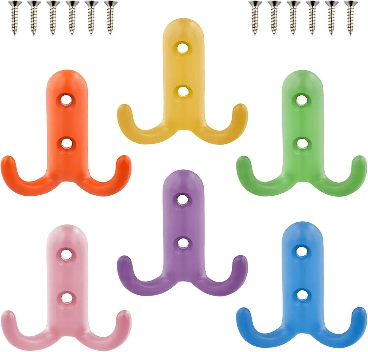SnelShoppen - 6 Kleurrijke Wandhaken, Muurbevestigde Kapstokken, Stevige Metalen Haken met Schroeven, Decoratieve Haken voor Kinderen, Voor Jassen, Ru