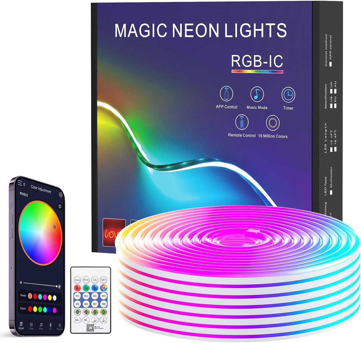 SnelShoppen - 4M Neon LED Strip - IP67 Waterproof - DIY Functie - Muziek Sync Met App en Remote Controle - LED String Light Voor Binnen en Buiten Deco