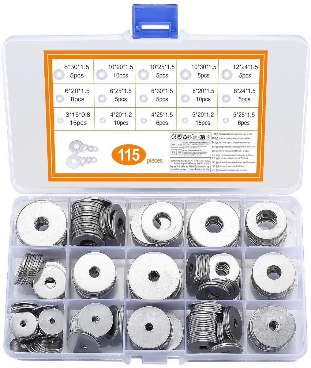 SnelShoppen - 115 Pcs Grote Platte Ringen, RVS Schijfjes Assortiment Metalen Schijven Moeren 15 Maten M3/M4/M5/M6/M8/M10/M12 - Roestvrij Staal, Silver