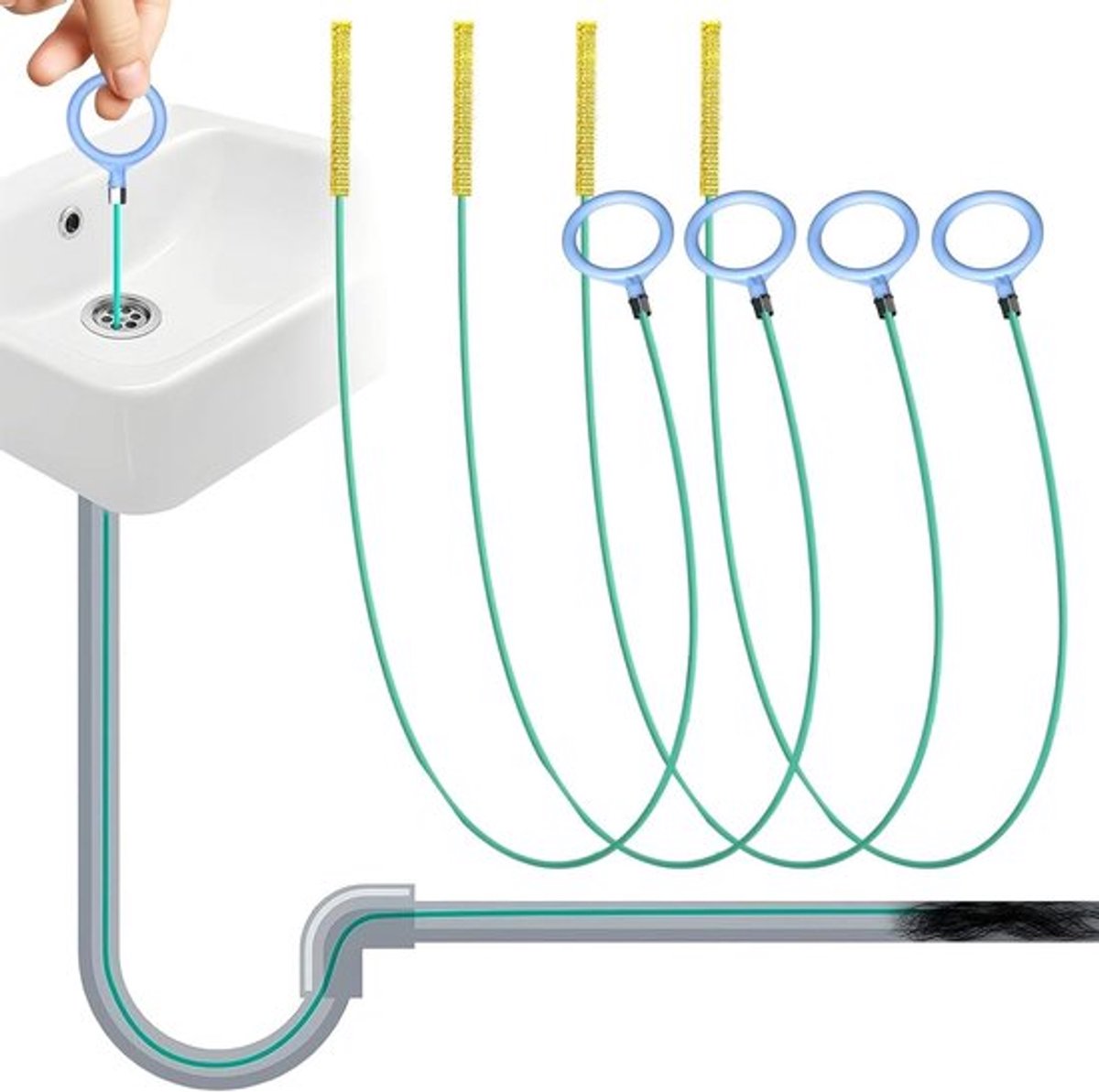 Afvoerreiniger-sticks 4 stuks voor vloerafvoer, wastafel, gootsteen - lange afvoerspiraal - flexibele haak reinigingsspiraal met trekring - effectieve afvoerontstopper.