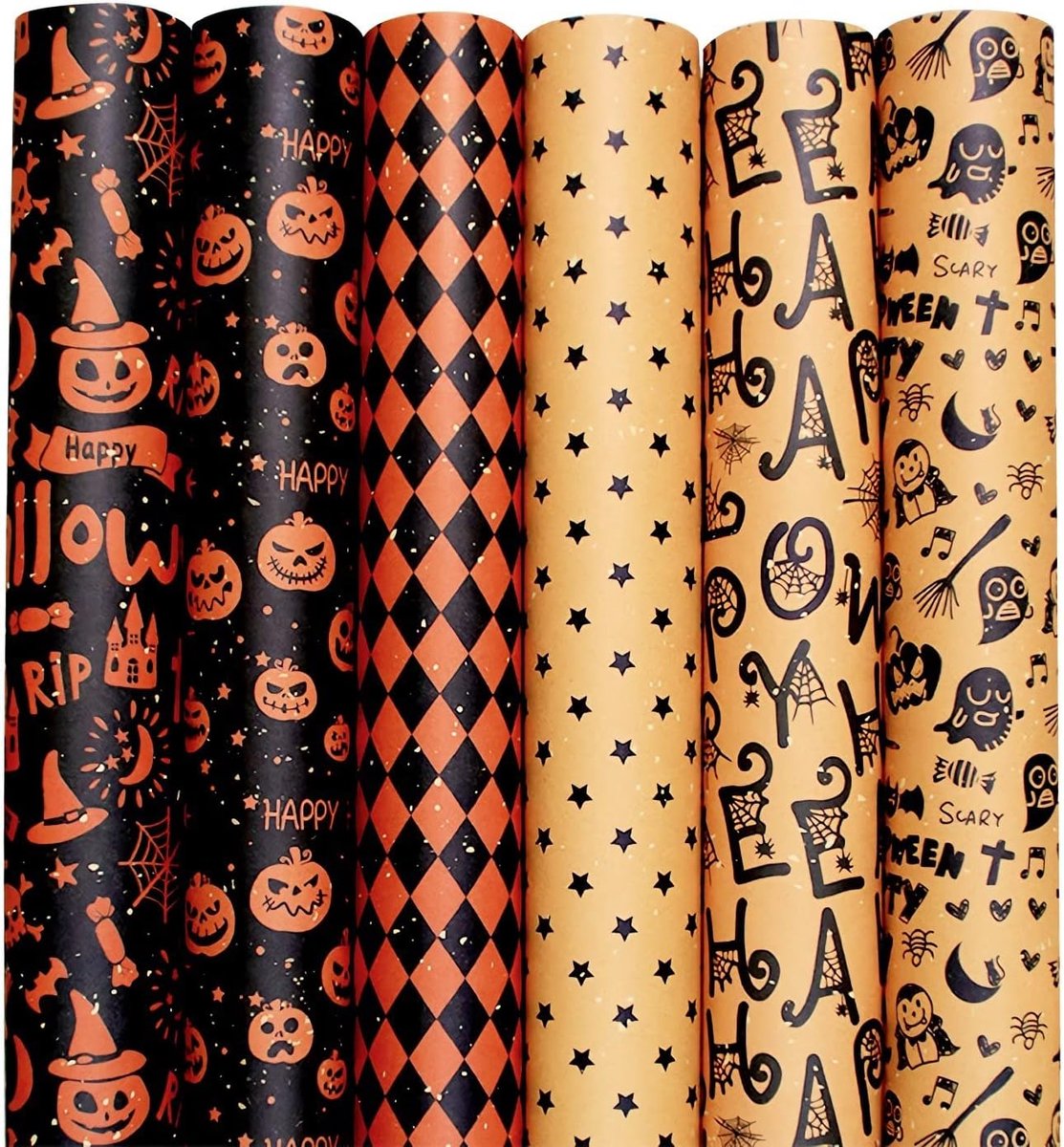 SnelShoppen - 6 Vellen Halloween Cadeaupapier Set, Bruin Kraft Vintage Inpakpapier voor Cadeaus, Perfect voor Dag van de Doden, 6 Designs, 70x50cm
