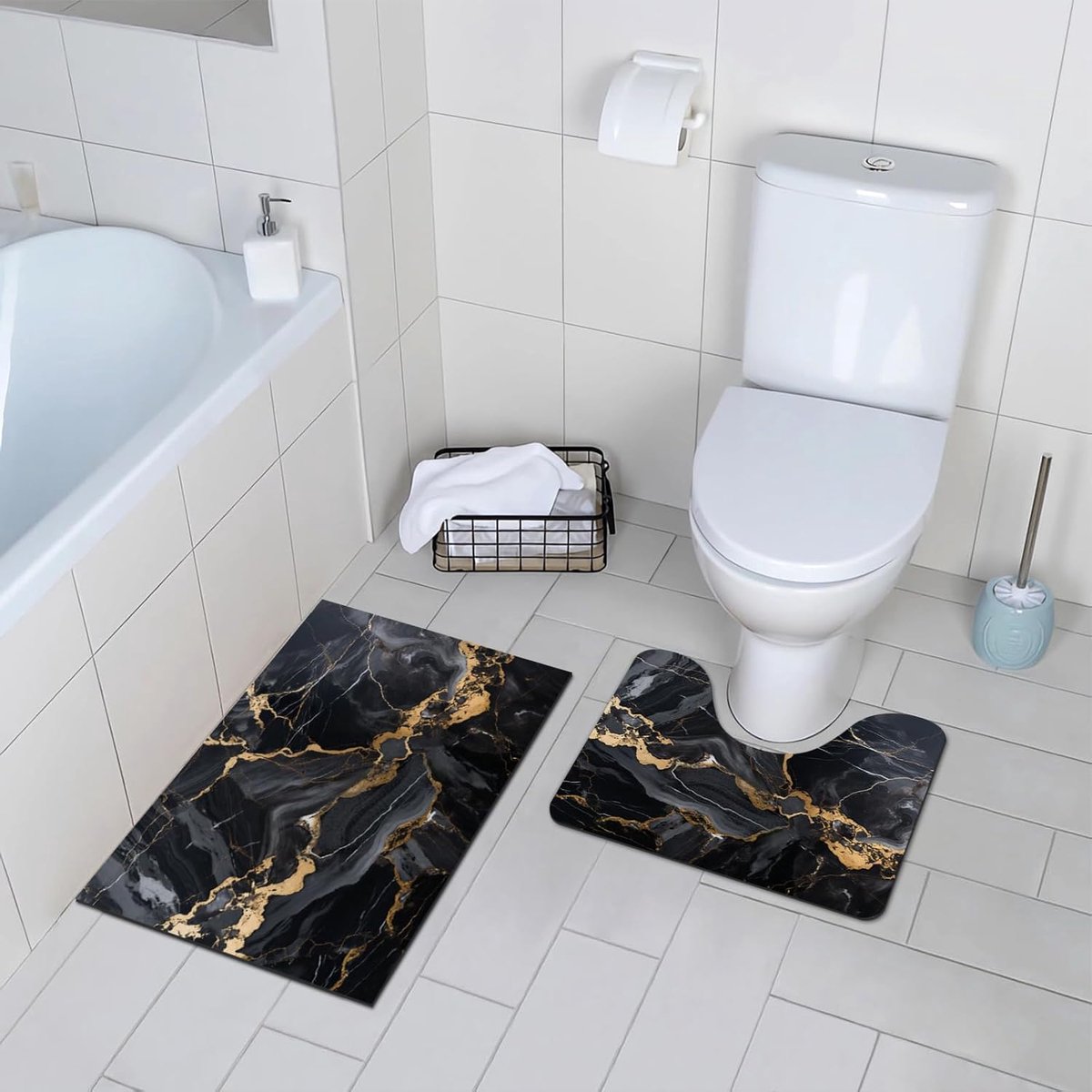 SnelShoppen - 2-delige Badmat Set Super Absorberend Zwart Marmer Patroon Antislip Sneldrogend Zachte Wasbare Badmatten 40 x 60 cm + 40 x 50 cm