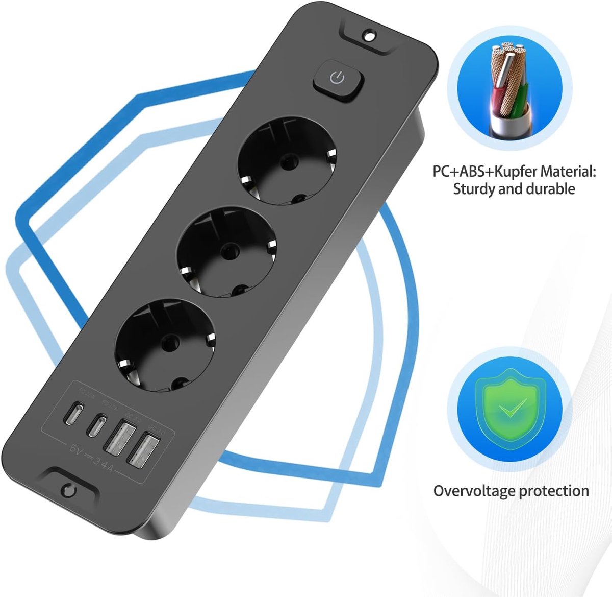 SnelShoppen - Table Top Retractable Socket met 2 USB A en 2 Type C, Ingebouwde Stopcontact, 3-Weg Power Strip met 2 m Kabel, Zwart, Ideaal voor Thuis