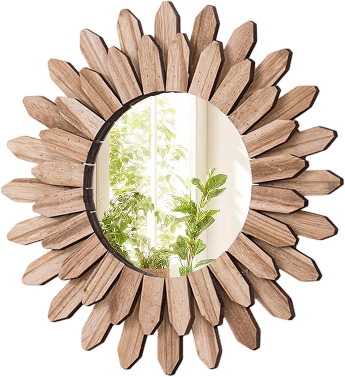 SnelShoppen - Ronde Wandspiegel 30 cm van Hout, Boho-Stijl, Decoratieve Wandspiegel voor Woonkamer, Slaapkamer, Hal, Houten Wanddecoratie, Cadeau-idee