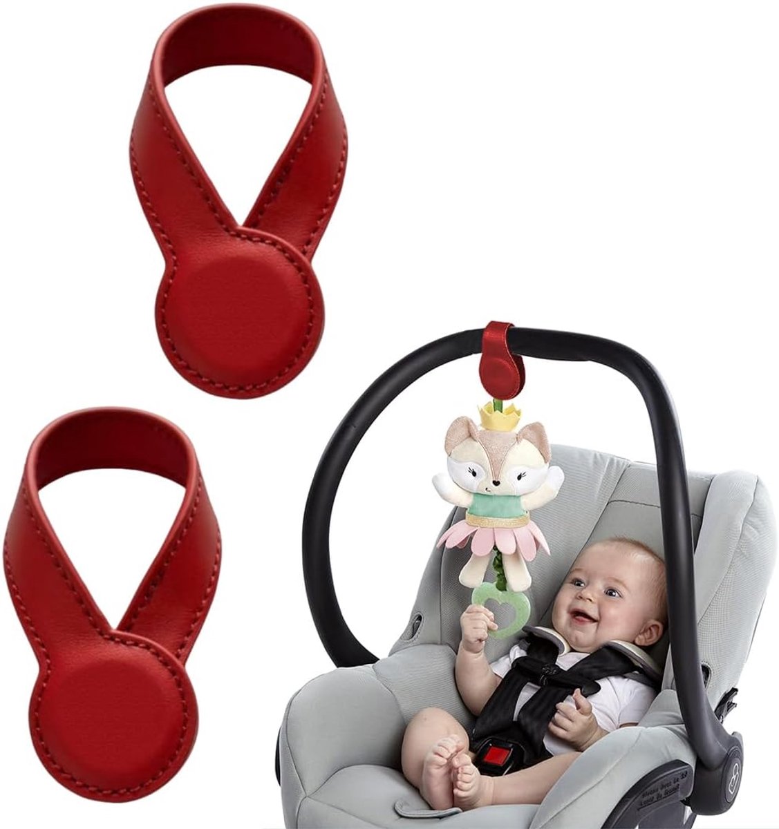 SnelShoppen - Set van 2 magnetische clips voor kinderwagen - Bevestigen van mousseline luiers en speelgoed - Sterke grip, zwart (rood) - Kunstleer, du