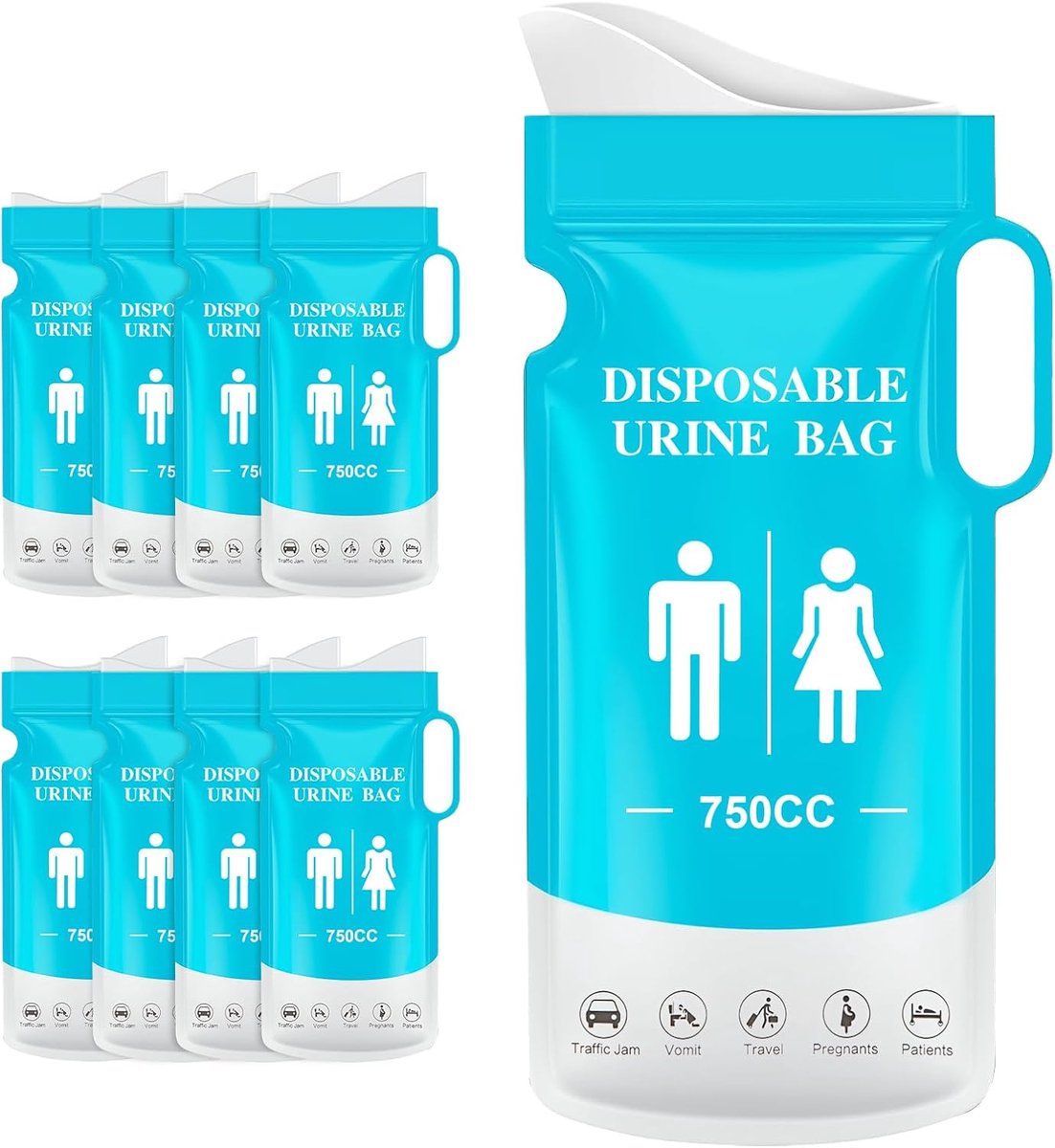 SnelShoppen - 8 Pack Wegwerp Urinezakken 750ml voor Reizen, Ouders, Kinderen en Vrouwen - Hygiënische en Discrete Plaszakken voor Mannen, Camping en O