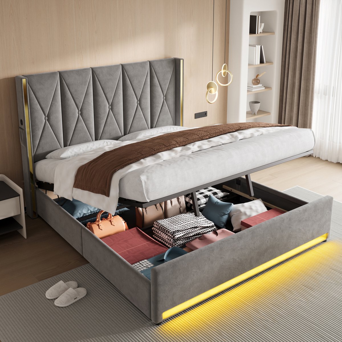 COVREO Bed 180x200 cm - donkergrijs velours, opbergruimte, USB, Type-C, LED en zijvakken