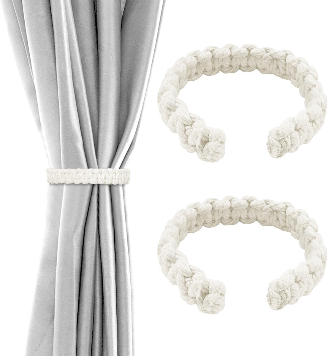 SnelShoppen - Set van 2 Gordijnhouders, Elegante Boho Stijl Touwhouders voor Thuis, Kantoor, Woonkamer en Slaapkamer (Wit)
