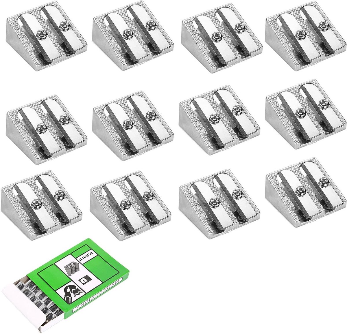 Handmatige Metalen Puntenslijper Set van 12 Stuks met Dubbele Gaten, Ideaal voor School, Thuis en Kantoor, Compact en Stylish met Opbergcontainer voor Diverse Potloodformaten