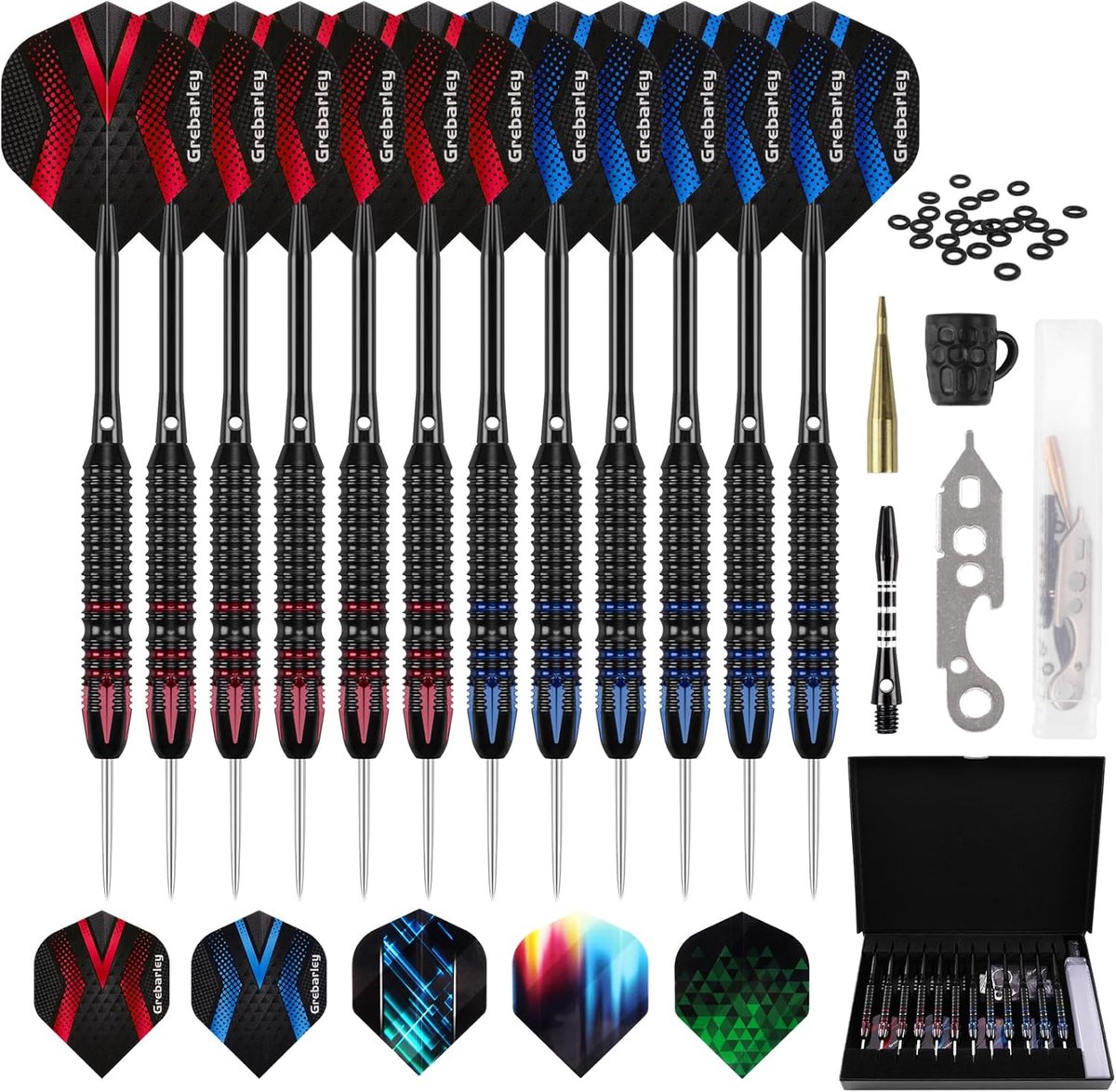 SnelShoppen - Professionele Darts met Metalen Punt, 12 Darts (6 x 20g en 6 x 22g), Aluminium Schachten, 18 Flights en 20 O-Ringen voor Feest en Compet