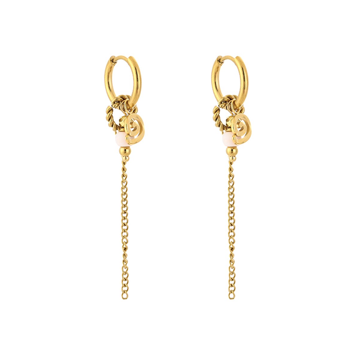 Stainless Steel Bedel Oorringen met Munt & Ketting – Boheemse & Asymmetrische Oorhangers - RVS - Goud